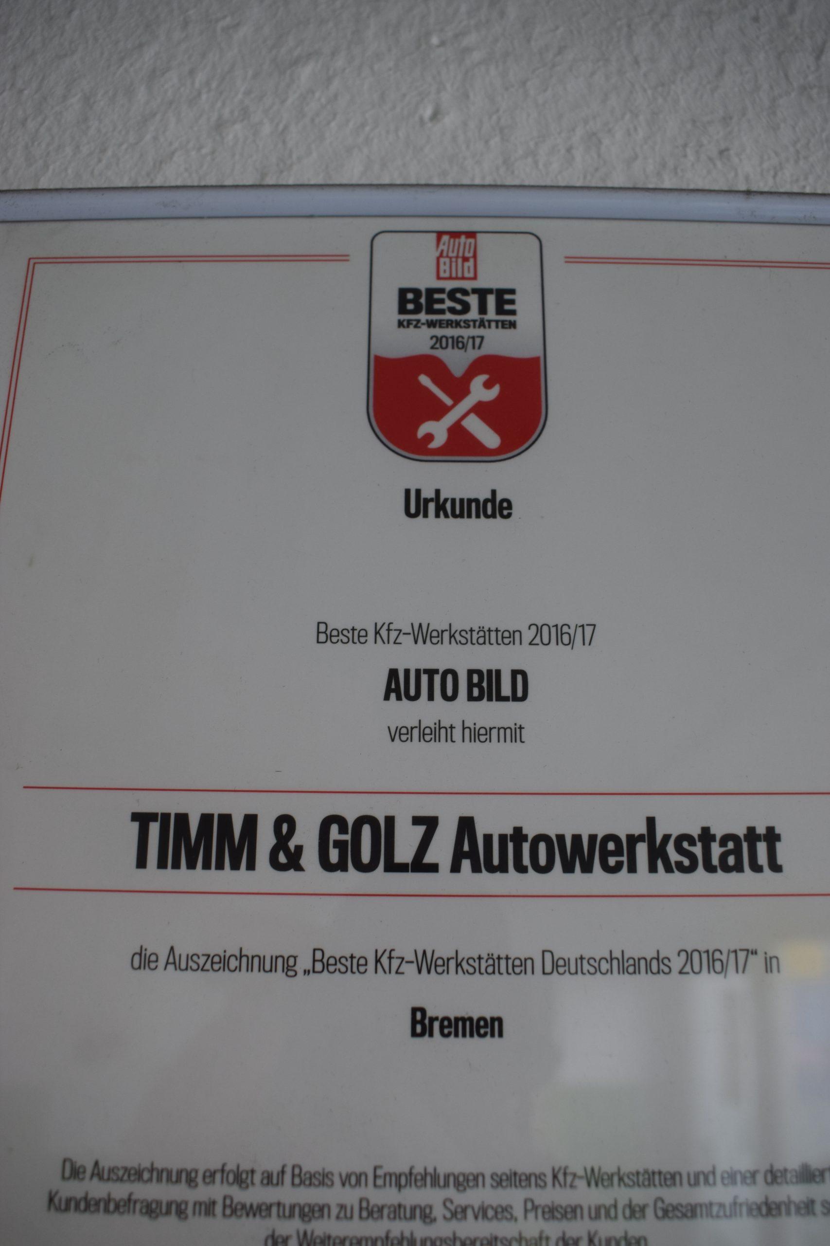 Auszeichnung der Timm & Golz Autowerkstatt als beste Kfz-Werkstatt in Bremen 2016/17 Urkunde Auto Bild beste Kfz-Werkstatt Bremen Timm & Golz